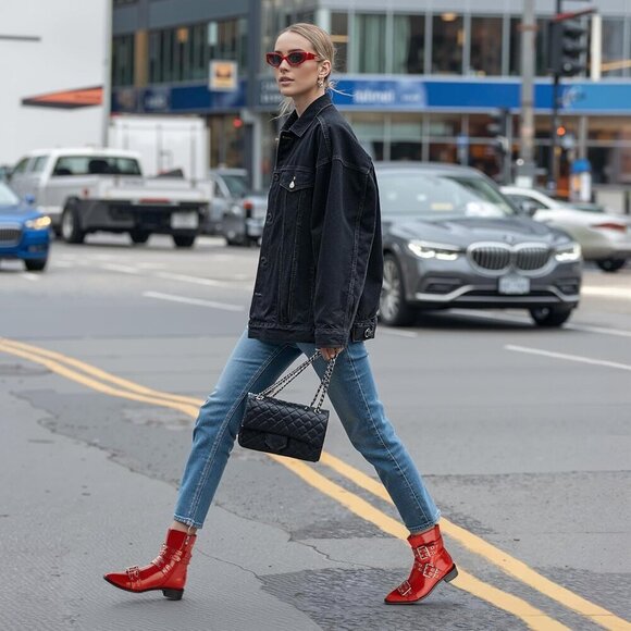 🆕Women Red Ankle Wide Buckle Boots Pointed Toe Low Heel Boot Pull Fashion Boots - Picture 4 of 8